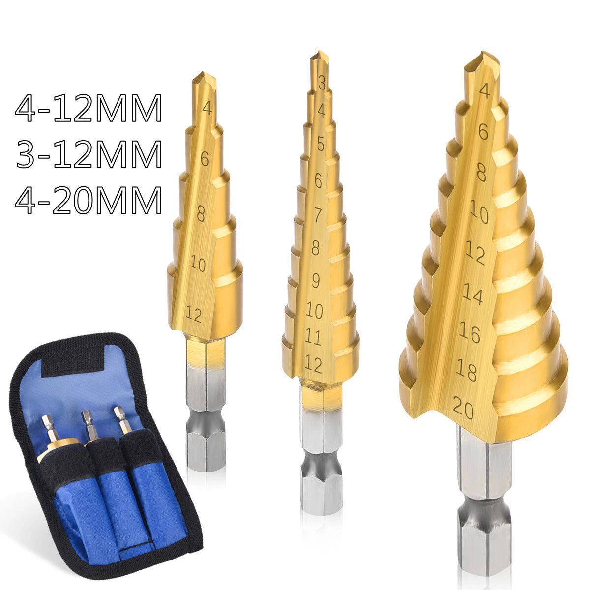 Titanium Coated Step Drill Bit Set (3–20mm) – Wood & Metal Cutting Tool