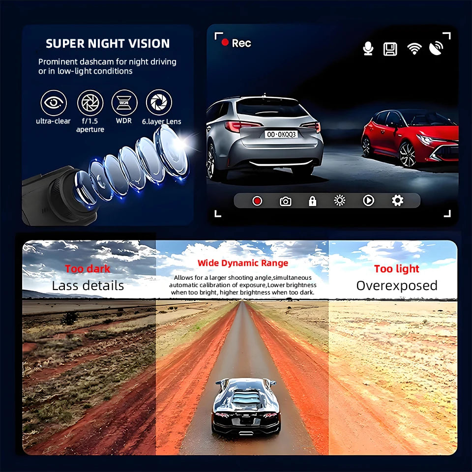Acceo 4K+2.5K Dual Dash Cam – WiFi GPS Night Vision with Rear Camera