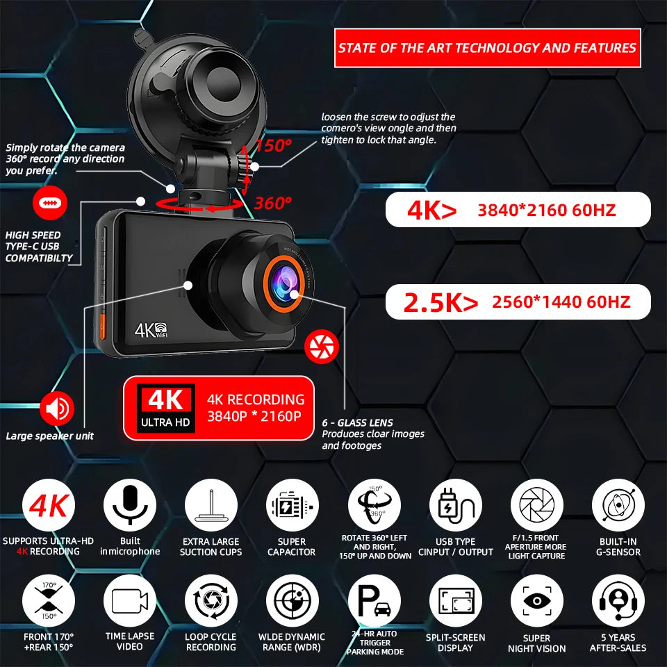 Acceo 4K+2.5K Dual Dash Cam – WiFi GPS Night Vision with Rear Camera