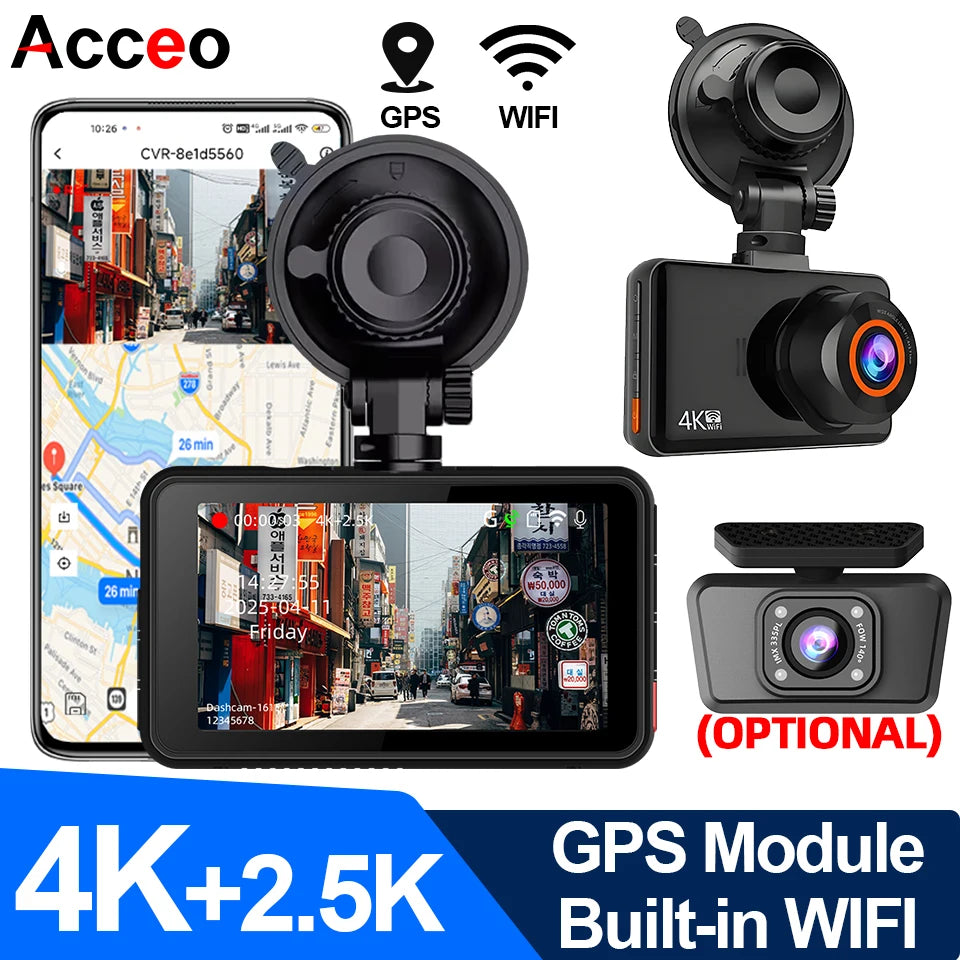 Acceo 4K+2.5K Dual Dash Cam – WiFi GPS Night Vision with Rear Camera