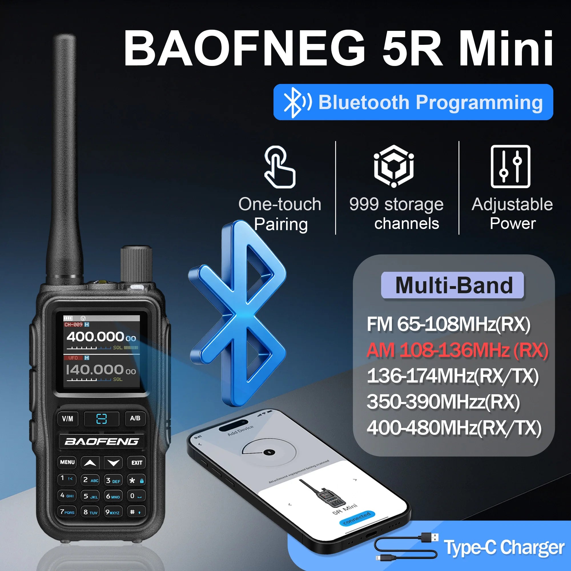 📡 Baofeng UV-5R Mini Dual Band Walkie Talkie (5W, Bluetooth APP, Type-C, 2-Pack)