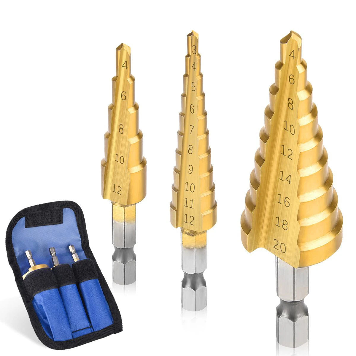 Titanium Coated Step Drill Bit Set (3–20mm) – Wood & Metal Cutting Tool