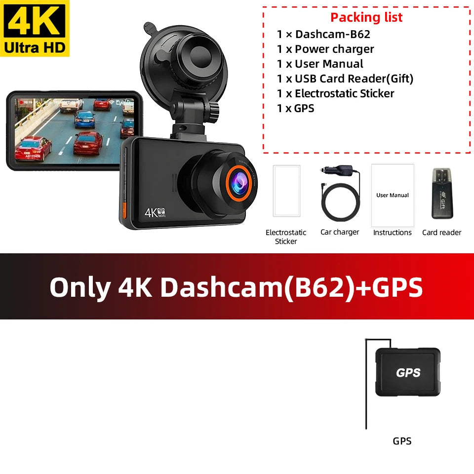 Acceo 4K+2.5K Dual Dash Cam – WiFi GPS Night Vision with Rear Camera