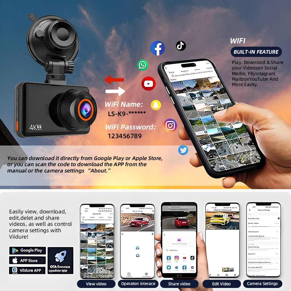 Acceo 4K+2.5K Dual Dash Cam – WiFi GPS Night Vision with Rear Camera