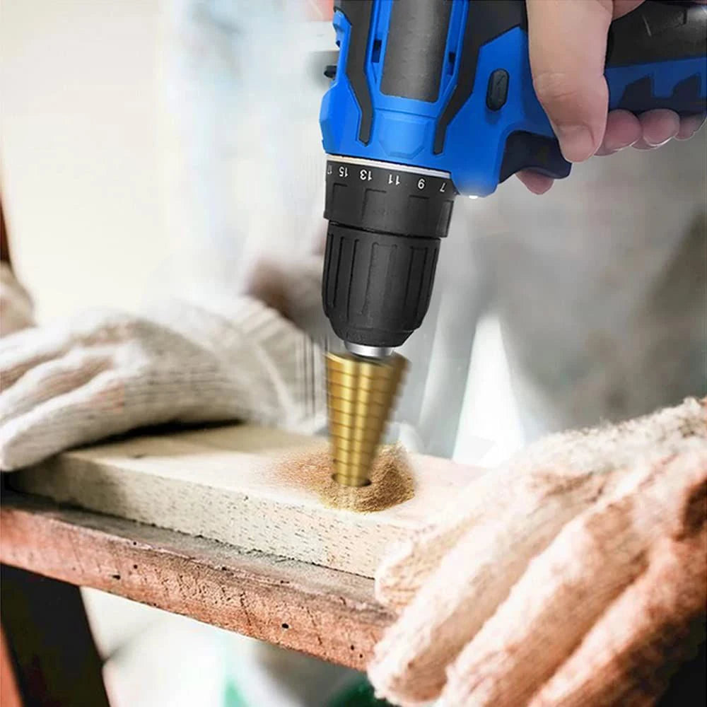 Titanium Coated Step Drill Bit Set (3–20mm) – Wood & Metal Cutting Tool