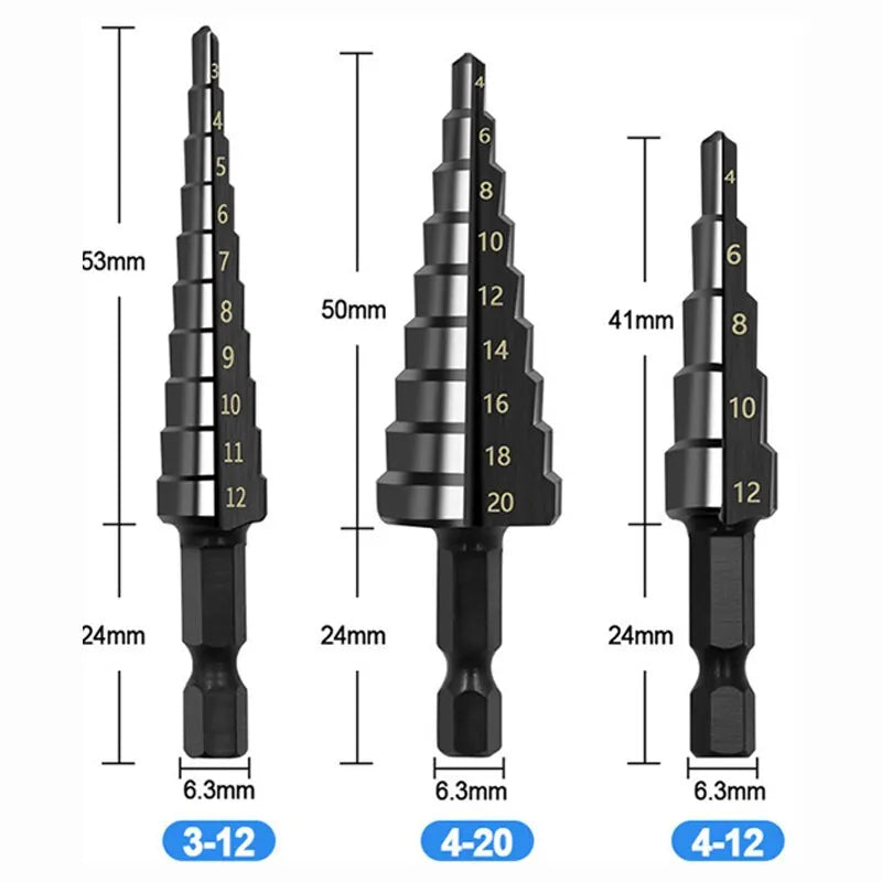 3PCS HSS Step Drill Bit Set (3–20mm) – Metal & Wood Drilling Tools