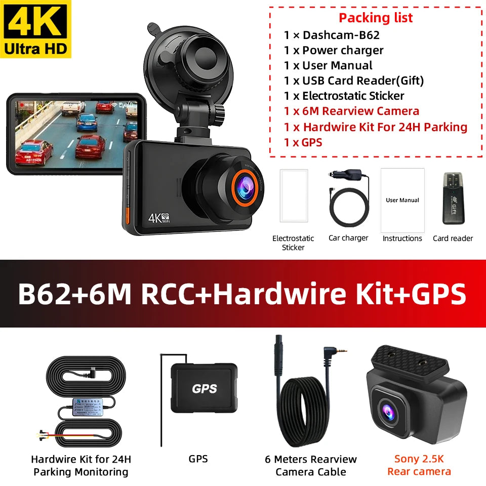 Acceo 4K+2.5K Dual Dash Cam – WiFi GPS Night Vision with Rear Camera