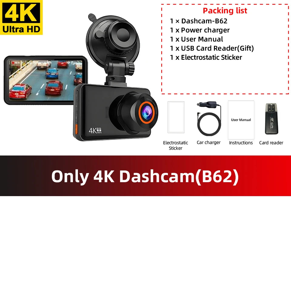 Acceo 4K+2.5K Dual Dash Cam – WiFi GPS Night Vision with Rear Camera