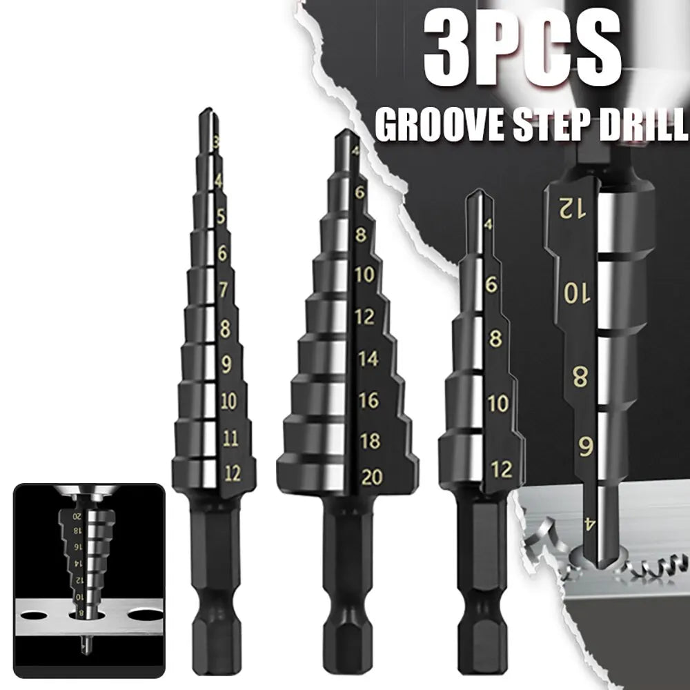 3PCS HSS Step Drill Bit Set (3–20mm) – Metal & Wood Drilling Tools