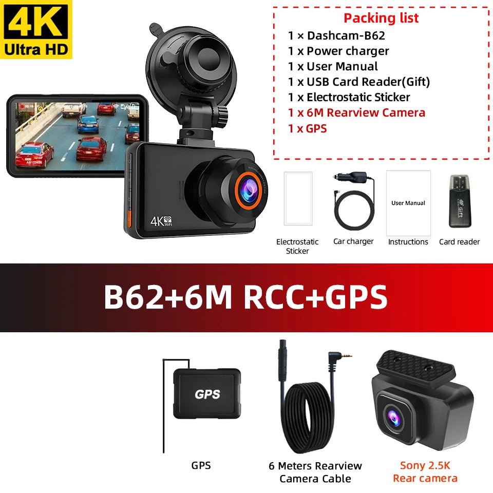 Acceo 4K+2.5K Dual Dash Cam – WiFi GPS Night Vision with Rear Camera