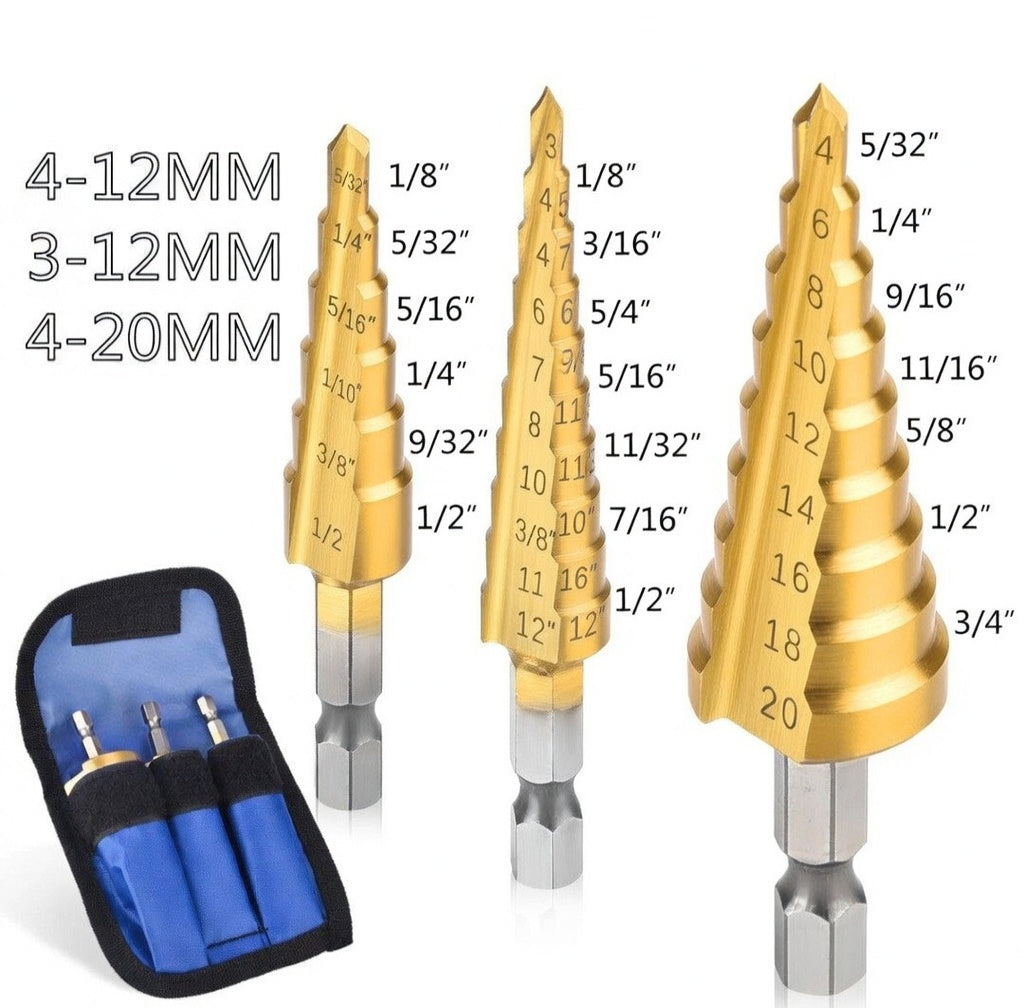Titanium Coated Step Drill Bit Set (3–20mm) – Wood & Metal Cutting Tool