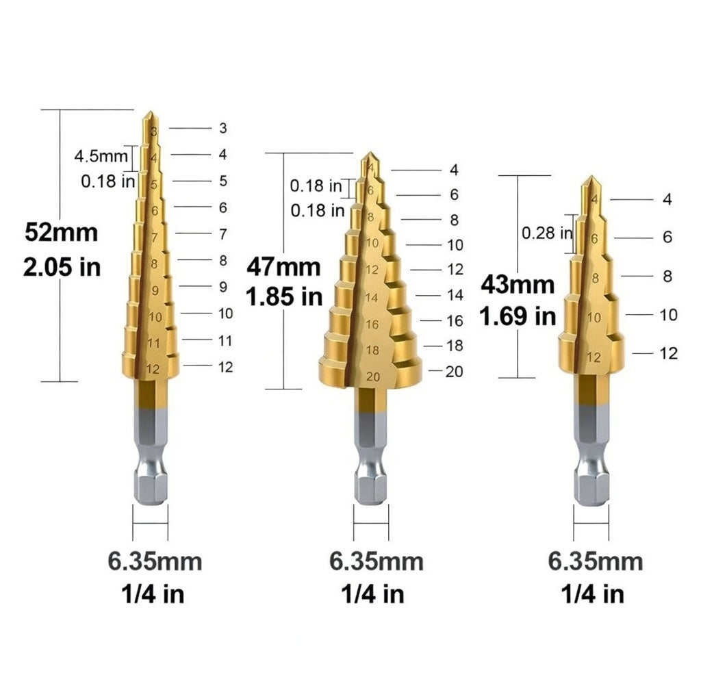 Titanium Coated Step Drill Bit Set (3–20mm) – Wood & Metal Cutting Tool
