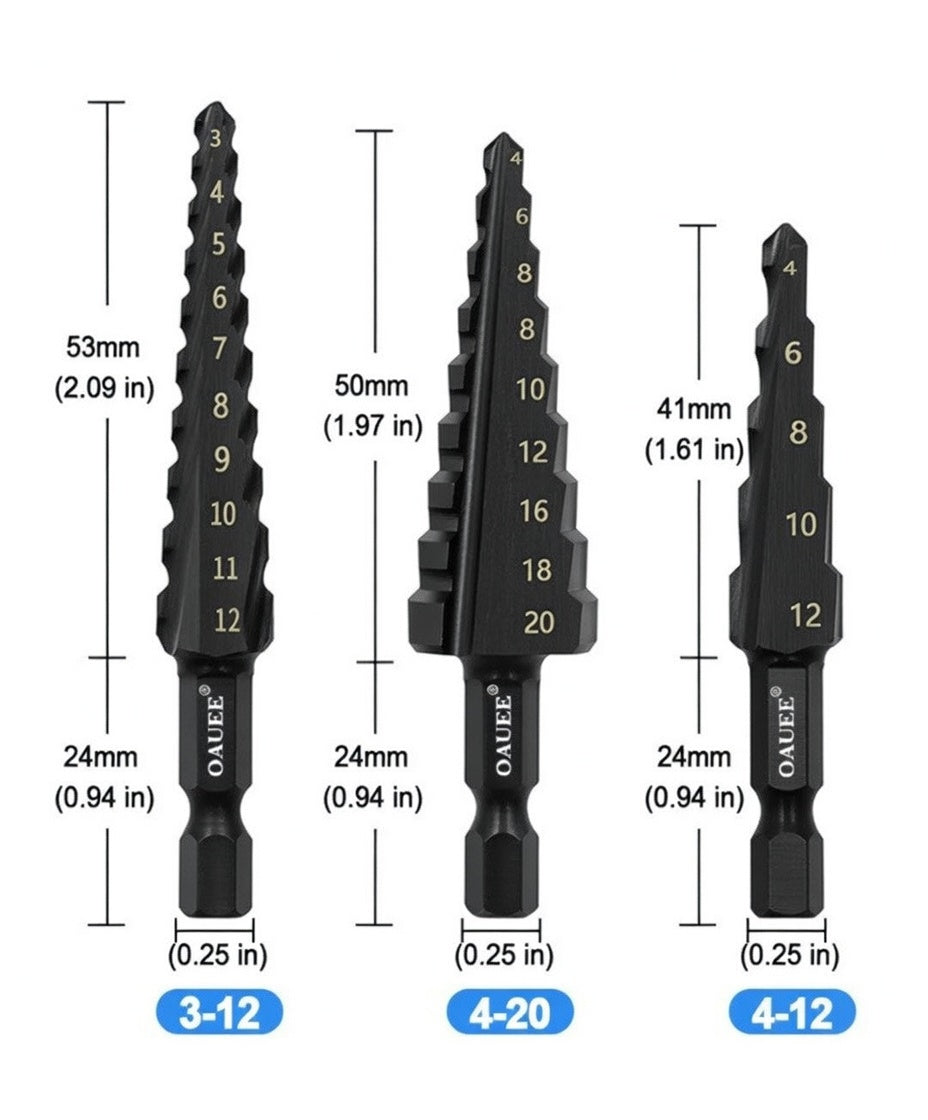🛠️ 3PCS HSS Step Drill Bit Set (3–20mm) – Metal & Wood Drilling Tools